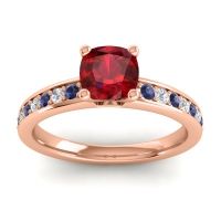 Lab Ruby Engagement Ring In 14K Rose Gold With Blue Sapphire And Diamond - Asada-6 Cushion Classic Ring