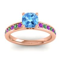 Swiss Blue Topaz Ring In 14K Rose Gold With Amethyst And Emerald Asada-6 Cushion Classic Ring