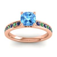 Swiss Blue Topaz Ring In 14K Rose Gold With Blue Sapphire And Emerald Asada-6 Cushion Classic Ring