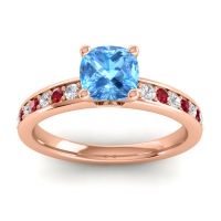 Swiss Blue Topaz Ring In 14K Rose Gold With Lab Diamond And Ruby Asada-6 Cushion Classic Ring