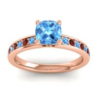Swiss Blue Topaz Ring In 18K Rose Gold With Garnet Asada-6 Cushion Classic Ring