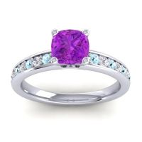 Amethyst Engagement Ring In 14k White Gold With Aquamarine And Diamond - Asada-6 Cushion Classic Ring