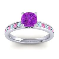 Amethyst Ring In 14k White Gold With Aquamarine And Pink Tourmaline Asada-6 Cushion Classic Ring