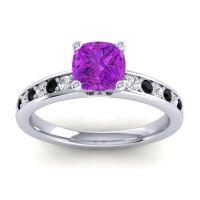 Amethyst Ring In 14k White Gold With Lab Diamond And Black Onyx Asada-6 Cushion Classic Ring