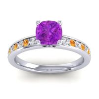 Amethyst Ring In 14k White Gold With Lab Diamond And Citrine Asada-6 Cushion Classic Ring