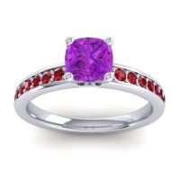 Amethyst Ring In 14k White Gold With Ruby Asada-6 Cushion Classic Ring