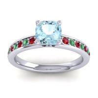 Aquamarine Ring In 14k White Gold With Ruby And Emerald Asada-6 Cushion Classic Ring