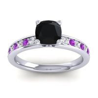 Black Onyx Ring In 14k White Gold With Diamond And Amethyst Asada-6 Cushion Classic Ring