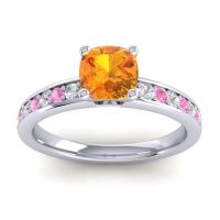 Citrine Ring In 14k White Gold With Diamond And Pink Tourmaline Asada-6 Cushion Classic Ring