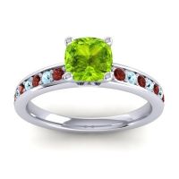Peridot Ring In 14k White Gold With Garnet And Aquamarine Asada-6 Cushion Classic Ring