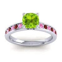 Peridot Ring In 14k White Gold With Pink Tourmaline And Garnet Asada-6 Cushion Classic Ring