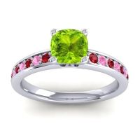 Peridot Ring In 14k White Gold With Ruby And Pink Tourmaline Asada-6 Cushion Classic Ring