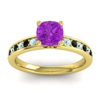 Amethyst Ring In 14k Yellow Gold With Aquamarine And Black Onyx Asada-6 Cushion Classic Ring
