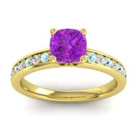 Amethyst Engagement Ring In 14k Yellow Gold With Aquamarine And Diamond - Asada-6 Cushion Classic Ring