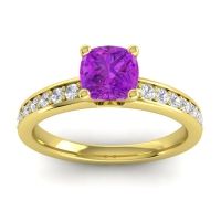 Amethyst Ring In 14k Yellow Gold With Diamond And Lab Diamond Asada-6 Cushion Classic Ring