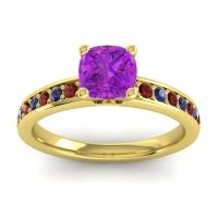 Amethyst Ring In 14k Yellow Gold With Garnet And Blue Sapphire Asada-6 Cushion Classic Ring