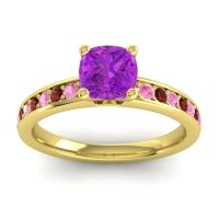 Amethyst Ring In 14k Yellow Gold With Pink Tourmaline And Garnet Asada-6 Cushion Classic Ring