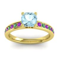 Aquamarine Ring In 14k Yellow Gold With Amethyst And Emerald Asada-6 Cushion Classic Ring