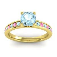 Aquamarine Ring In 14k Yellow Gold With Pink Tourmaline Asada-6 Cushion Classic Ring