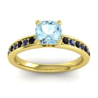 Aquamarine Ring In 14k Yellow Gold With Black Onyx And Blue Sapphire Asada-6 Cushion Classic Ring