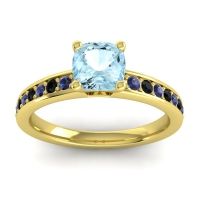 Aquamarine Ring In 14k Yellow Gold With Blue Sapphire And Black Onyx Asada-6 Cushion Classic Ring