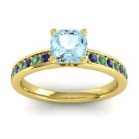 Aquamarine Ring In 14k Yellow Gold With Blue Sapphire And Emerald Asada-6 Cushion Classic Ring