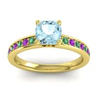 Aquamarine Ring In 14k Yellow Gold With Emerald And Amethyst Asada-6 Cushion Classic Ring