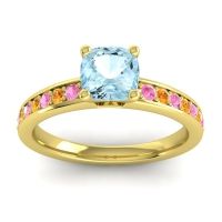 Aquamarine Ring In 14k Yellow Gold With Pink Tourmaline And Citrine Asada-6 Cushion Classic Ring