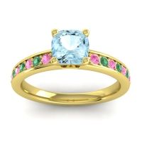 Aquamarine Ring In 14k Yellow Gold With Pink Tourmaline And Emerald Asada-6 Cushion Classic Ring