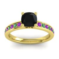 Black Onyx Ring In 14k Yellow Gold With Amethyst And Emerald Asada-6 Cushion Classic Ring