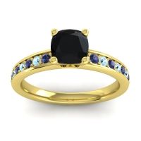 Black Onyx Ring In 14k Yellow Gold With Blue Sapphire And Aquamarine Asada-6 Cushion Classic Ring