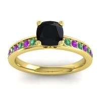 Black Onyx Ring In 14k Yellow Gold With Emerald And Amethyst Asada-6 Cushion Classic Ring