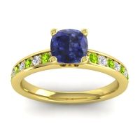 Lab Blue Sapphire Engagement Ring In 14k Yellow Gold With Peridot And Diamond - Asada-6 Cushion Classic Ring