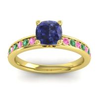 Lab Blue Sapphire Ring In 14k Yellow Gold With Pink Tourmaline And Emerald Asada-6 Cushion Classic Ring