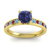 Lab Blue Sapphire Ring In 14k Yellow Gold With Swiss Blue Topaz And Ruby Asada-6 Cushion Classic Ring