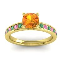 Citrine Ring In 14k Yellow Gold With Emerald And Pink Tourmaline Asada-6 Cushion Classic Ring