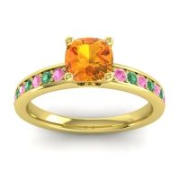 Citrine Ring In 14k Yellow Gold With Pink Tourmaline And Emerald Asada-6 Cushion Classic Ring