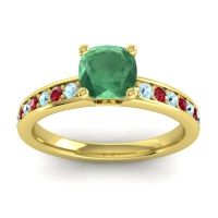 Lab Emerald Ring In 14k Yellow Gold With Aquamarine And Ruby Asada-6 Cushion Classic Ring