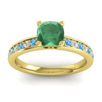 Lab Emerald Ring In 14k Yellow Gold With Swiss Blue Topaz And Lab Diamond Asada-6 Cushion Classic Ring