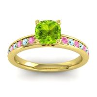 Peridot Ring In 14k Yellow Gold With Pink Tourmaline And Aquamarine Asada-6 Cushion Classic Ring