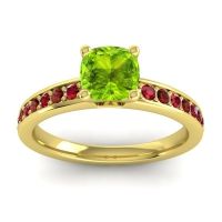Peridot Ring In 14k Yellow Gold With Ruby And Garnet Asada-6 Cushion Classic Ring