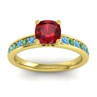 Lab Ruby Ring In 14k Yellow Gold With Swiss Blue Topaz And Emerald Asada-6 Cushion Classic Ring