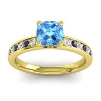 Swiss Blue Topaz Ring In 14k Yellow Gold With Lab Diamond And Blue Sapphire Asada-6 Cushion Classic Ring