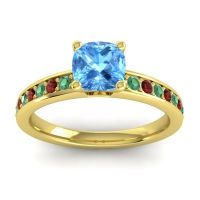 Swiss Blue Topaz Ring In 14k Yellow Gold With Emerald And Garnet Asada-6 Cushion Classic Ring