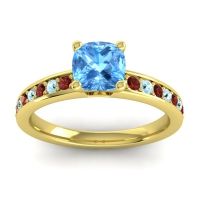Swiss Blue Topaz Ring In 18k Yellow Gold With Garnet And Aquamarine Asada-6 Cushion Classic Ring