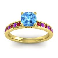 Swiss Blue Topaz Ring In 14k Yellow Gold With Ruby And Amethyst Asada-6 Cushion Classic Ring