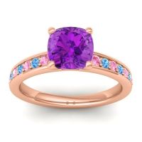 Amethyst Ring In 14K Rose Gold With Pink Tourmaline And Swiss Blue Topaz Asada-Cushion Cushion Classic Ring
