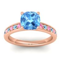 Swiss Blue Topaz Ring In 14K Rose Gold With Pink Tourmaline And Aquamarine Asada-Cushion Cushion Classic Ring