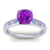 Amethyst Ring In 14k White Gold With Swiss Blue Topaz And Pink Tourmaline Asada-Cushion Cushion Classic Ring