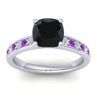 Black Onyx Ring In 14k White Gold With Diamond And Amethyst Asada-Cushion Cushion Classic Ring